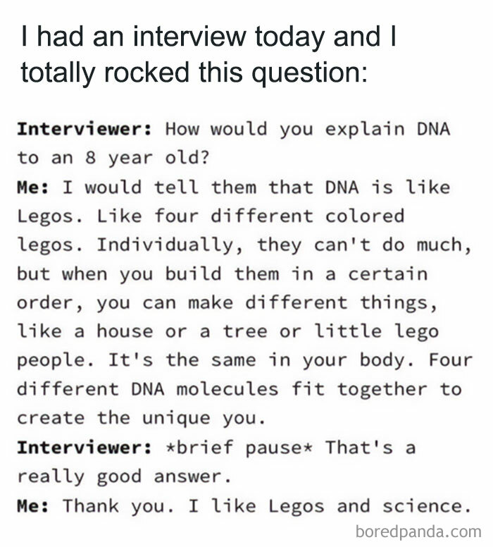 Text-based science meme illustrating DNA explained with Legos analogy for an interview question.