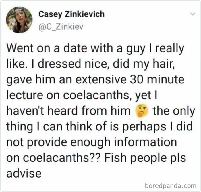 Relatable science meme about a date discussing coelacanths, humorously questioning lack of follow-up.