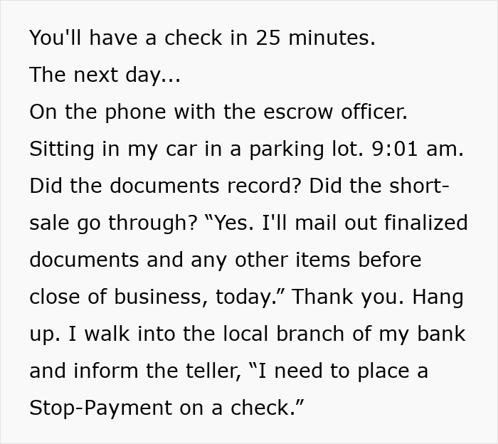 Text detailing a homeowner's conversation with an escrow officer and bank about a stop-payment on a check.