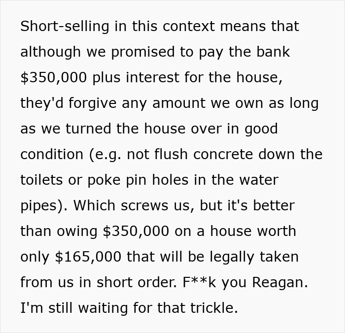 Text discusses short-selling, home value discrepancies, and financial frustrations with a controversial statement.