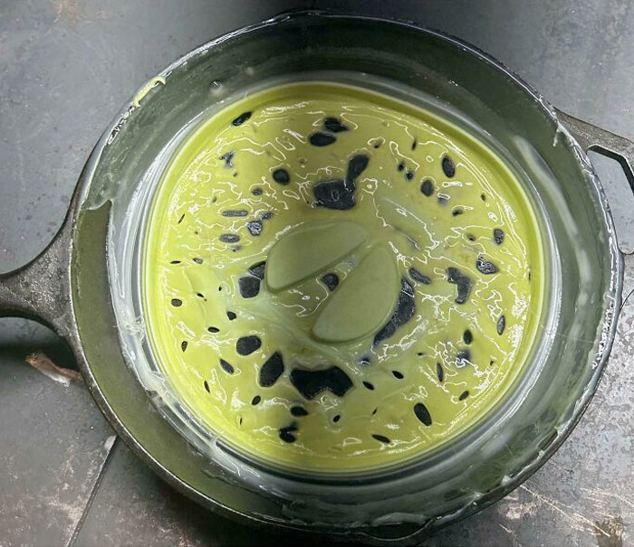 Green and black moldy dish in a pan, possibly left by horrible roommates.