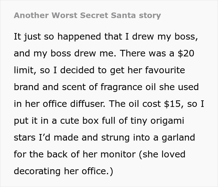 Text describing a Secret Santa exchange with the boss and a thoughtful fragrance gift.