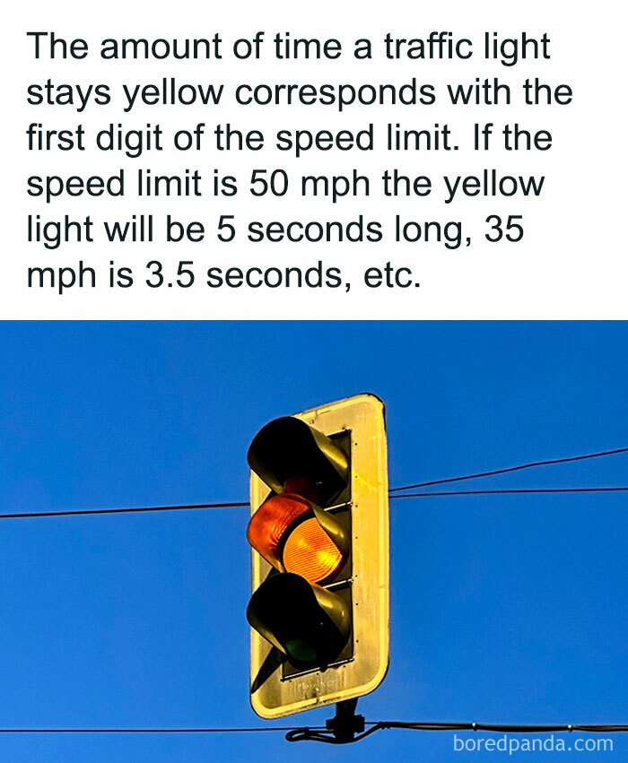 Traffic light showing yellow, explaining timing based on speed limit, part of fascinating traffic facts.