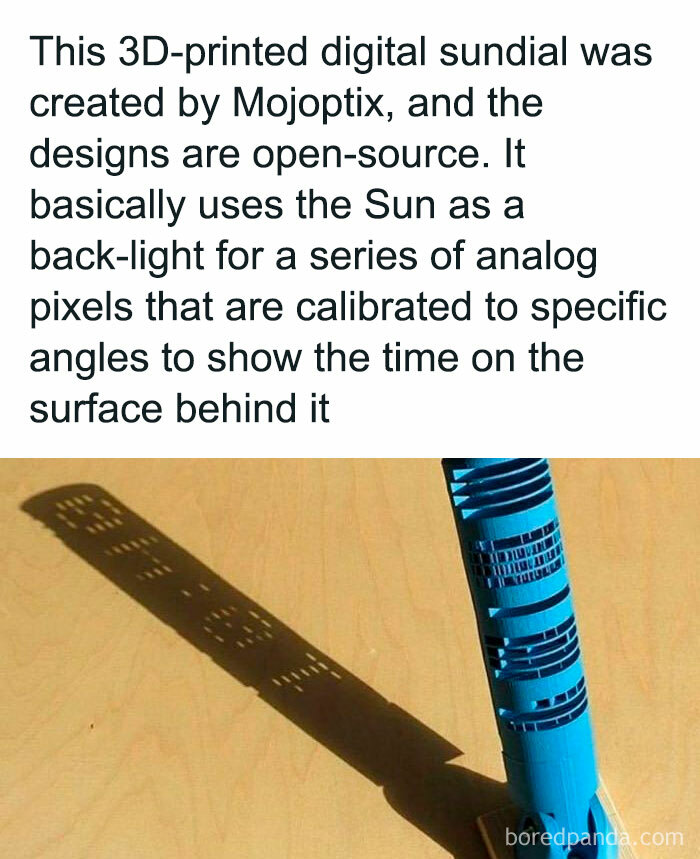 3D-printed sundial by Mojoptix using sunlight to display time; an open-source curiosity about how everything works.