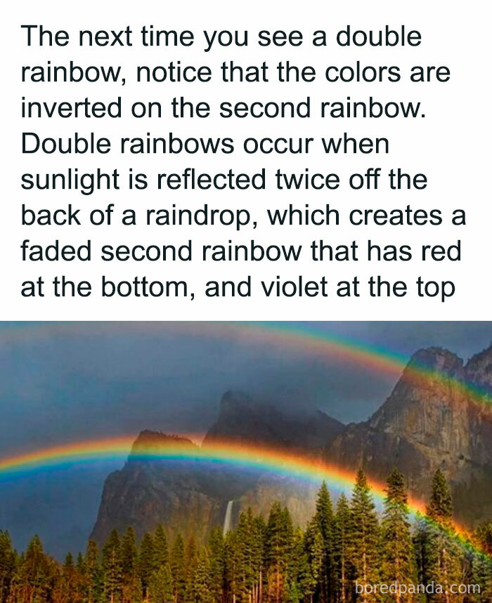 Double rainbow over mountains with text explaining inverted colors on the second rainbow, a fact from "How Everything Works".