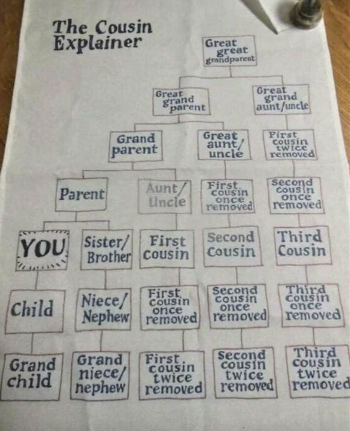 Family relationship chart explaining how everything works with cousins and relatives.