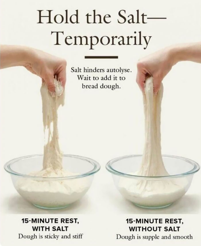 Demonstration of how salt affects dough consistency during a 15-minute rest, showing differences in texture.