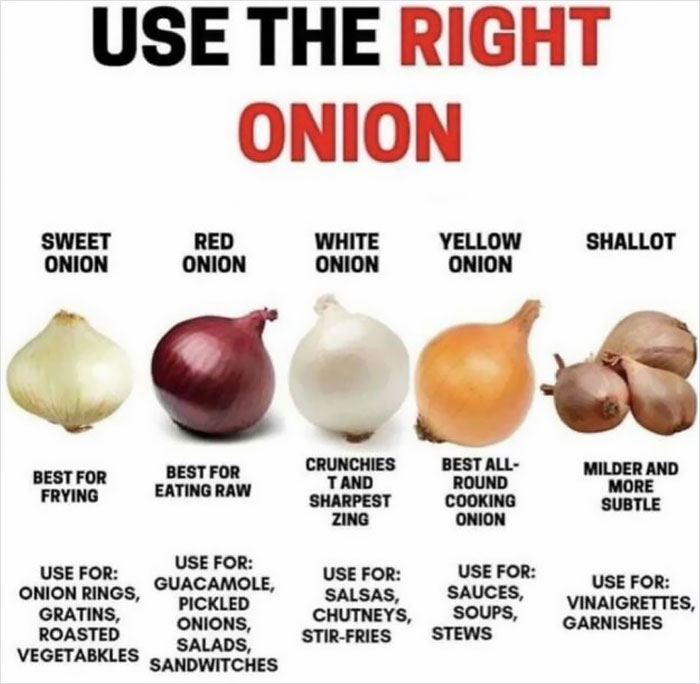 Guide on onion varieties: sweet, red, white, yellow, shallot; uses include frying, raw salads, cooking, garnishes.