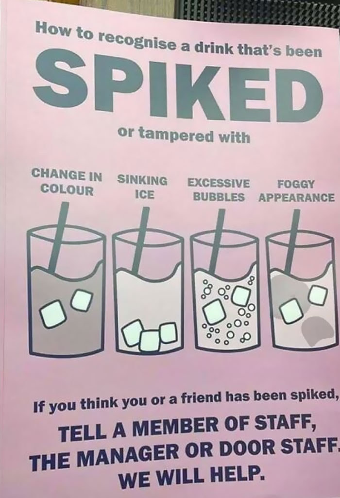 Drink spiking warning poster illustrating signs like color change and sinking ice.