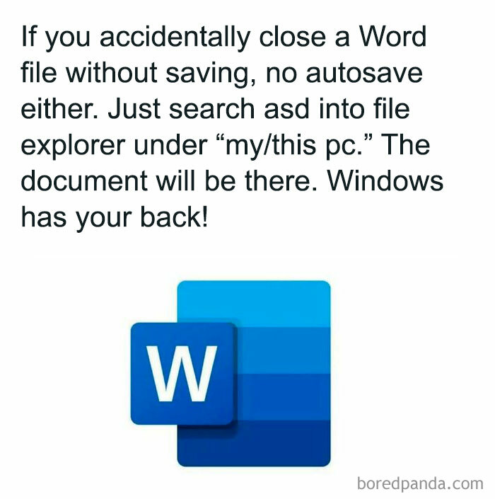 Microsoft Word tip on recovering unsaved files, featuring a large blue Word icon.