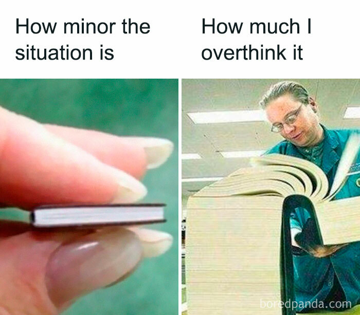 "Meme comparing a small book to an overthinker's thick book, illustrating mental struggles humorously."