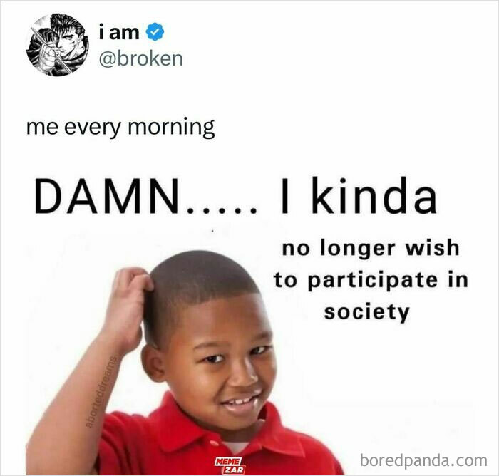 Relatable meme with a child scratching their head, expressing the feeling of wanting to withdraw from society.