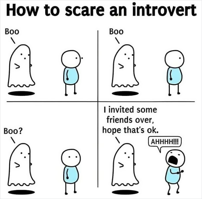 Comic about introverts featuring a ghost, humorously depicting how introverts react to social gatherings.