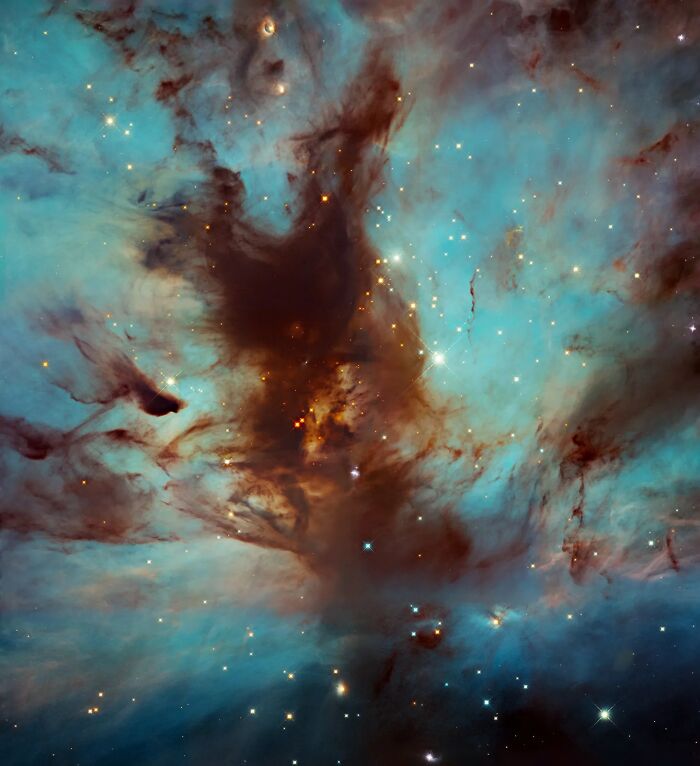 Amazing nebula pic showing vibrant blue and brown clouds with scattered stars in deep space.