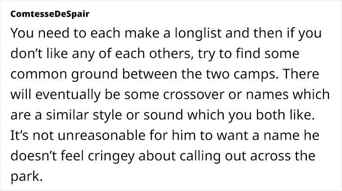 Discussion on finding common ground in baby names after "Ottilie" is vetoed, suggesting compromises in a text post.