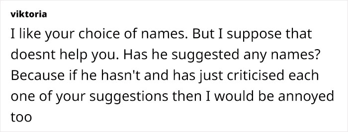 Comment discussing baby name suggestions and frustrations over husband's vetoes.