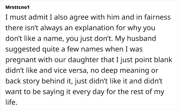 Text about a husband's veto on baby names, including "Ottilie," causing upset for the wife.