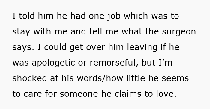 Text of wife expressing shock over husband's lack of remorse for leaving during her surgery.