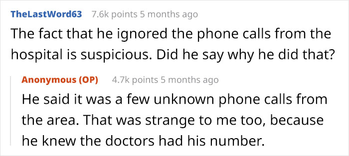 Reddit comments about husband's reaction to unknown calls during wife's surgery.