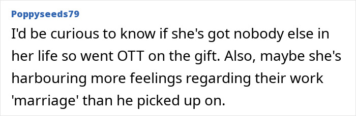 Comment discussing feelings about a "work wife" overshadowing a husband's gift.