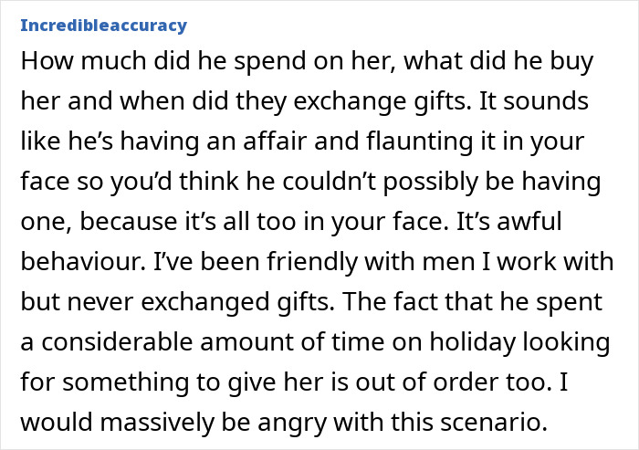 Woman upset over husband's "work wife" overshadowing her gift.