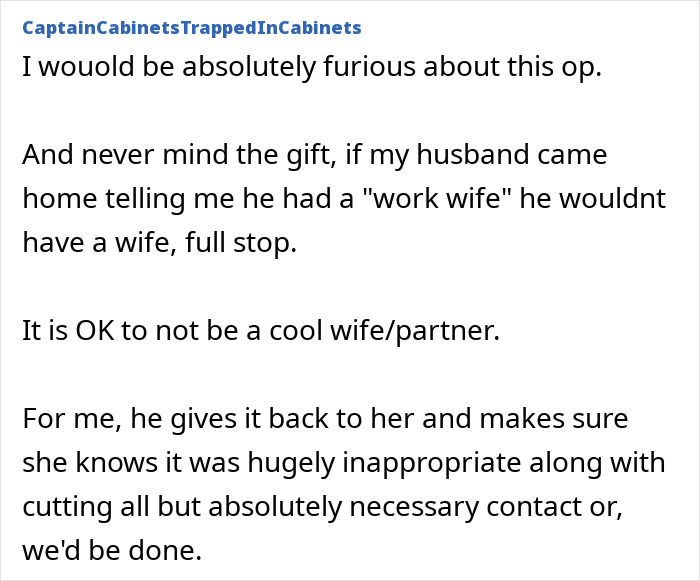 Text discussing a husband's "work wife" overshadowing his wife's gift.