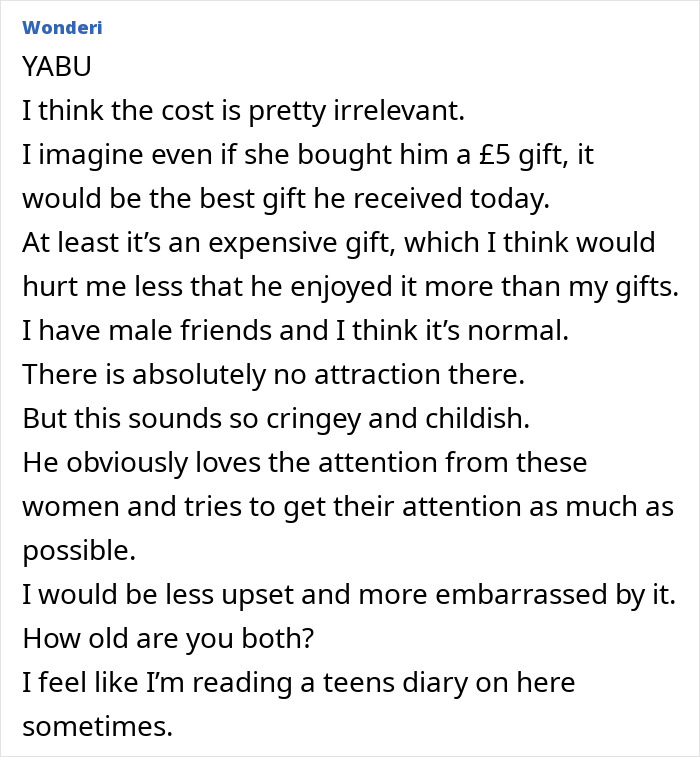 Text discussing a woman's frustration about her husband's attention to his work wife's gift.