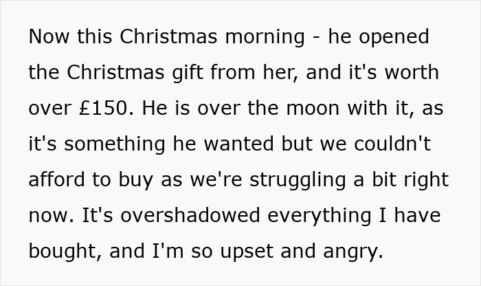 Text about a woman's Christmas gift to husband being overshadowed by his work wife's present.