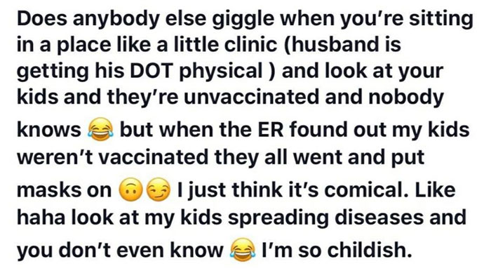 Text expressing ignorance about unvaccinated children in public, highlighting themes related to ignorant-parents.