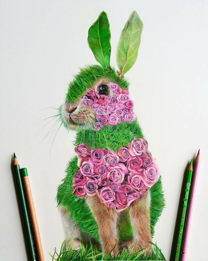 Hyper-realistic pencil drawing of a rabbit with floral and grass textures, featuring green leaves as ears.