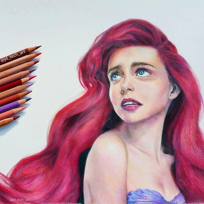 A hyper-realistic pencil drawing of a fantastical creature with red hair, surrounded by colored pencils.