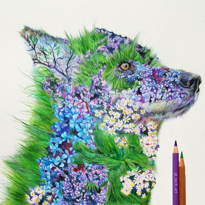 Hyper-realistic pencil drawing of a fantastical creature made of green foliage and colorful flowers, with two pencils shown.