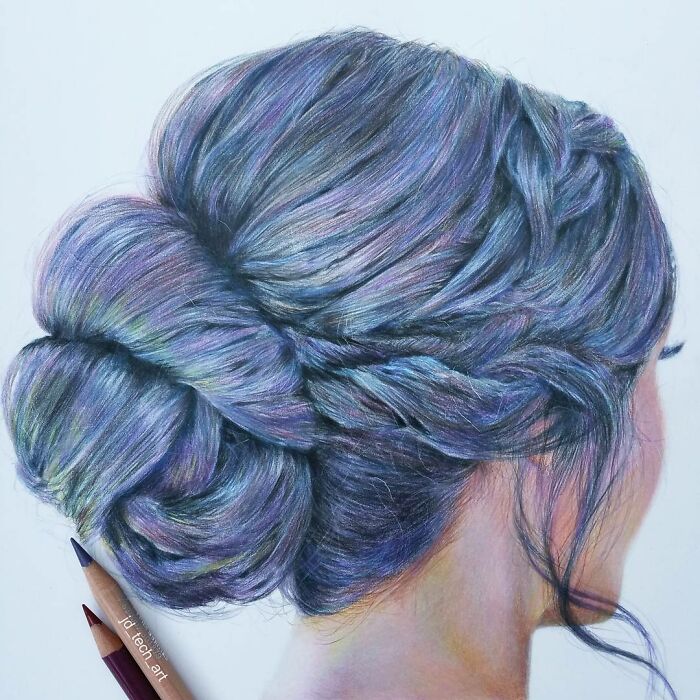 Hyper-realistic pencil drawing of a woman's braided hairstyle in vibrant colors.