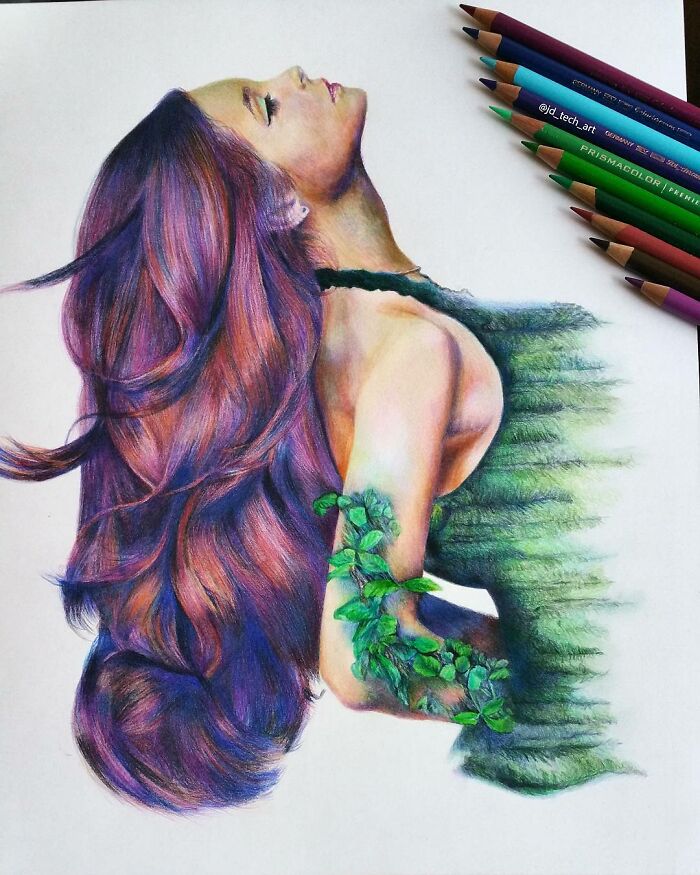 Hyper-realistic pencil drawing of a woman with flowing hair and green foliage on her dress.