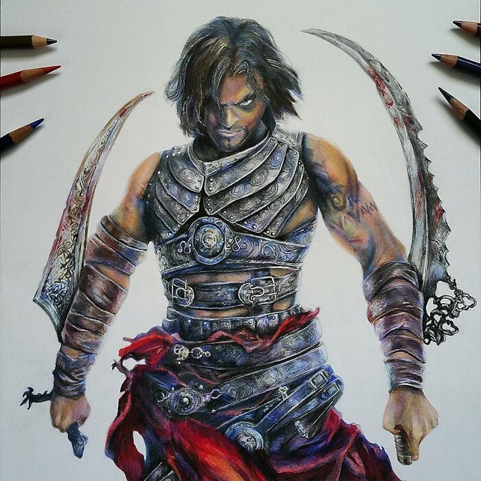 Hyper-realistic pencil drawing of a warrior in armor holding curved swords.