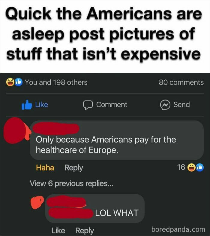 Social media post humorously debating American healthcare costs, highlighting amusing misconceptions.