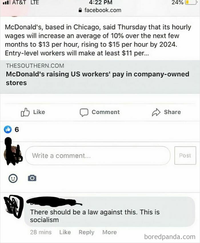 Facebook post about McDonald's wage increase sparks comment calling it socialism, highlighting American misconception.