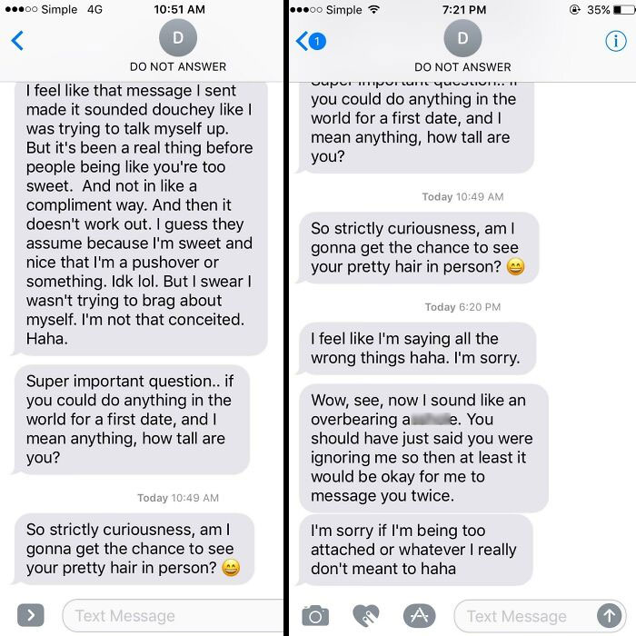 Text exchange showing awkward and infuriating approach by a man to a woman via text messages.