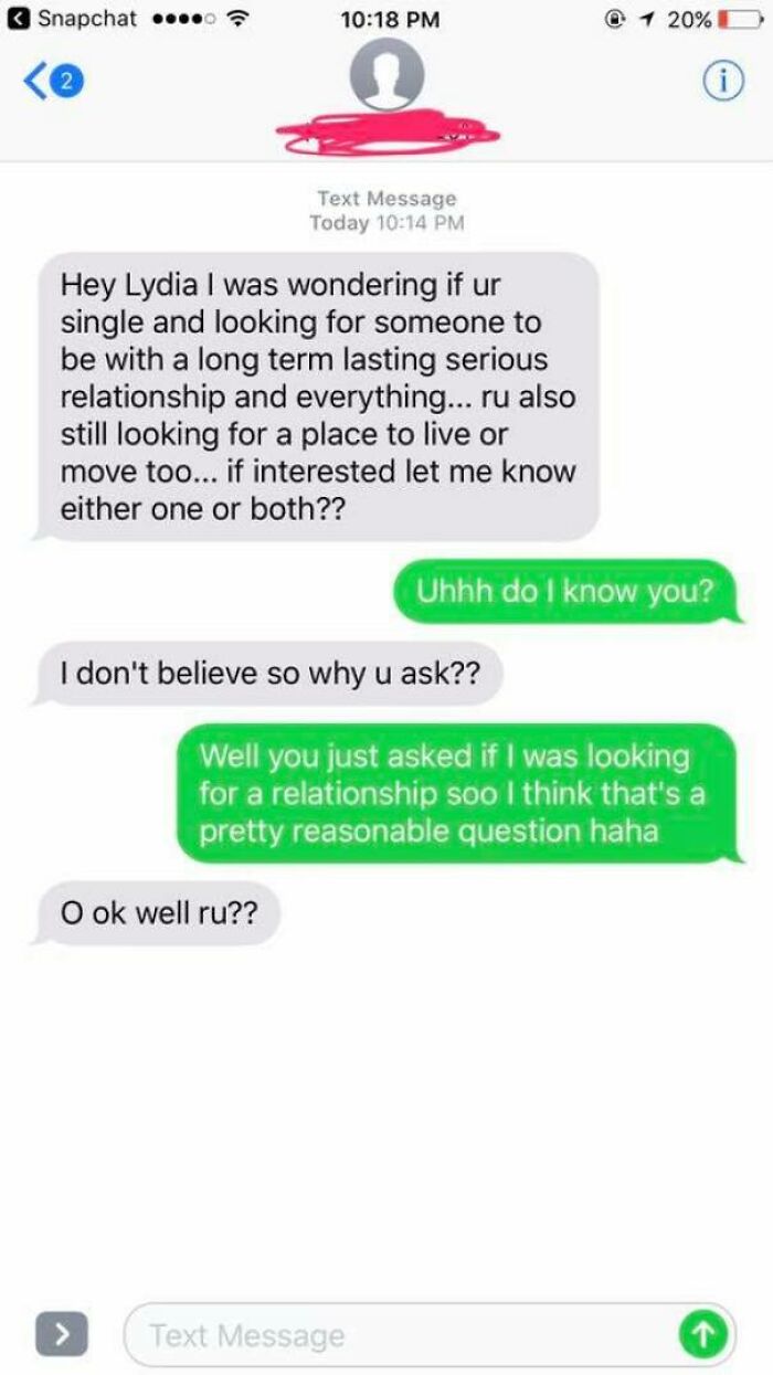 Text conversation showing an awkward approach by a man texting a woman about relationships.