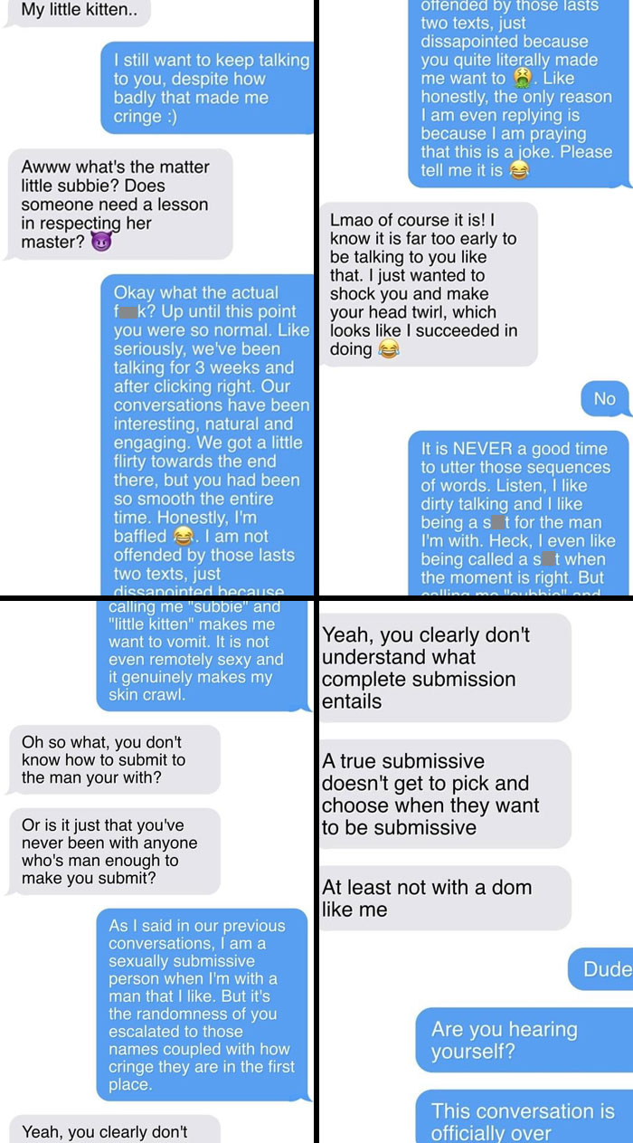 Text conversation showing an awkward exchange of men approaching women.