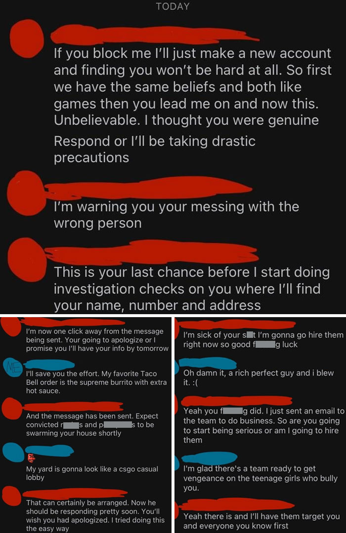 Screenshot of messages highlighting concerning behavior of men approaching women, featuring threats and aggressive language.