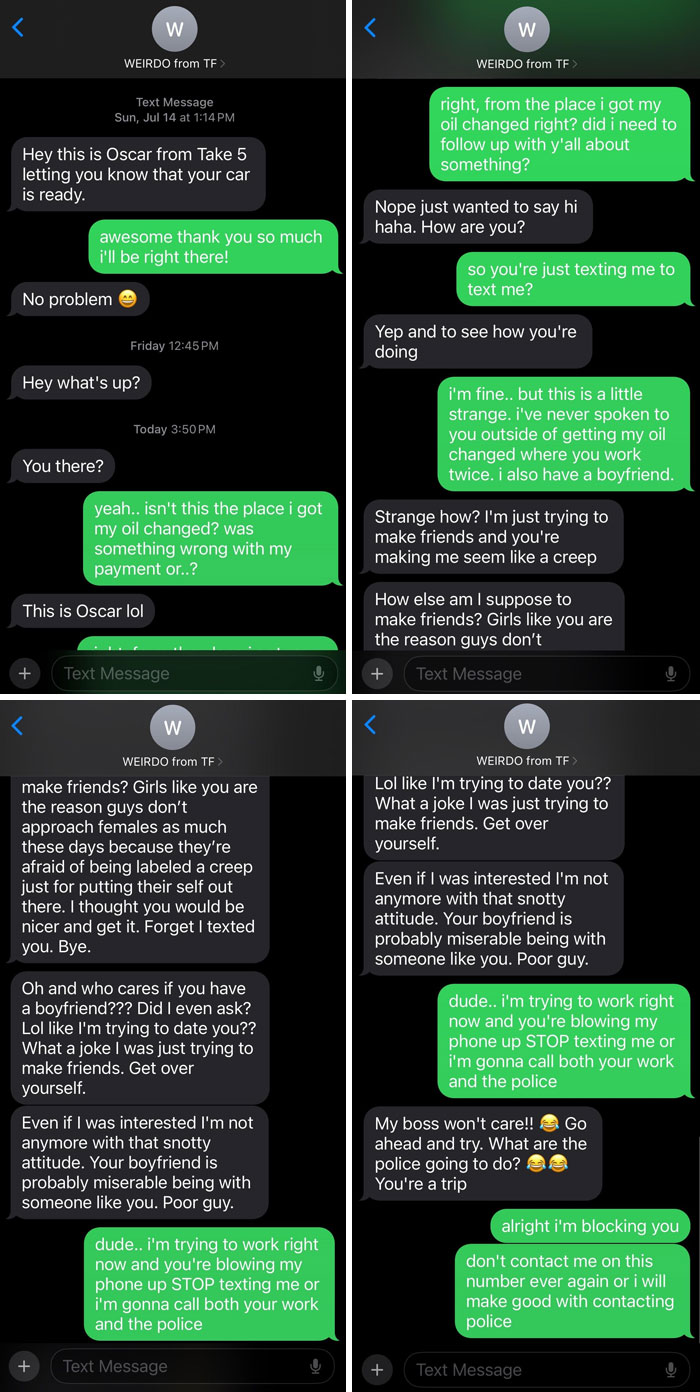 Text messages illustrating an infuriating interaction between a man and a woman, highlighting unwanted approaches.