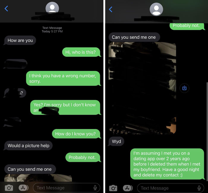 Text exchange depicting infuriating men approaching women, with conversation about contacting through a dating app.