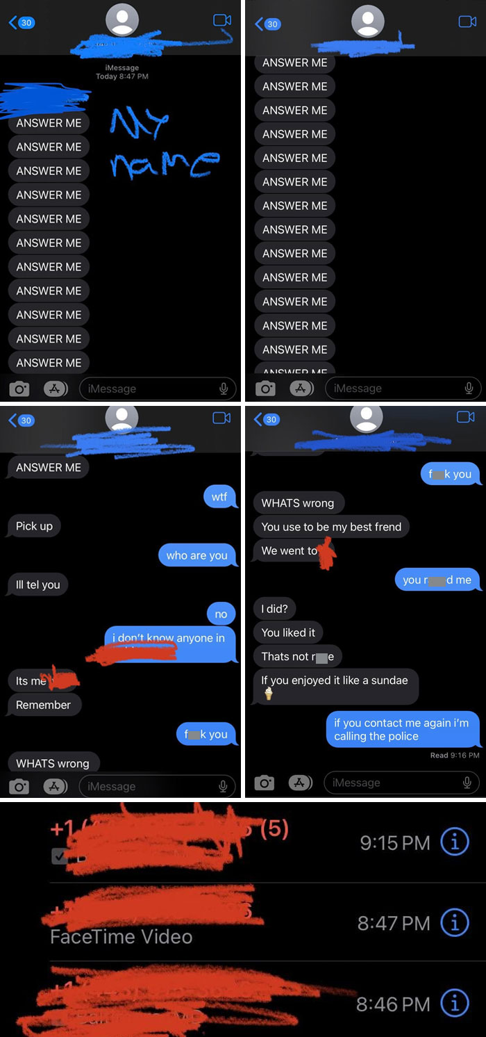 Text conversation showing repeated messages, highlighting infuriating men approaching women with persistence.