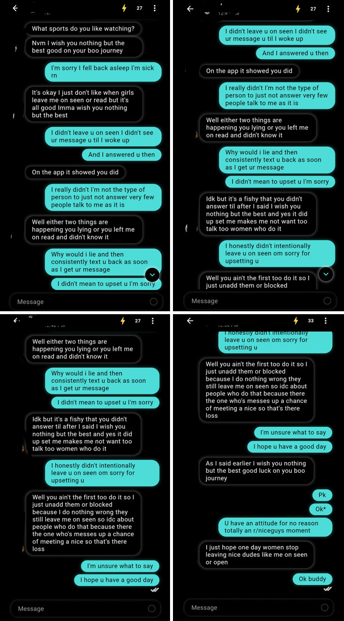 Chat screenshots depicting an infuriating conversation about men approaching women and misinterpreted replies.