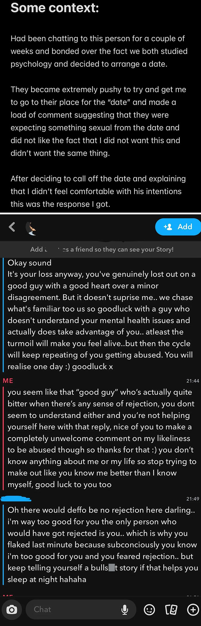 Text messages depict a conversation where a man reacts harshly after a woman cancels their date, reflecting issues with men approaching women.