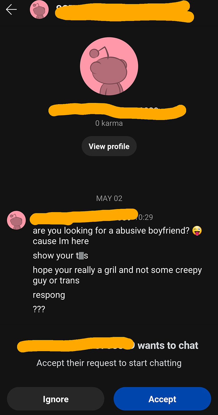 Infuriating online message from a man approaching a woman with inappropriate and abusive language.