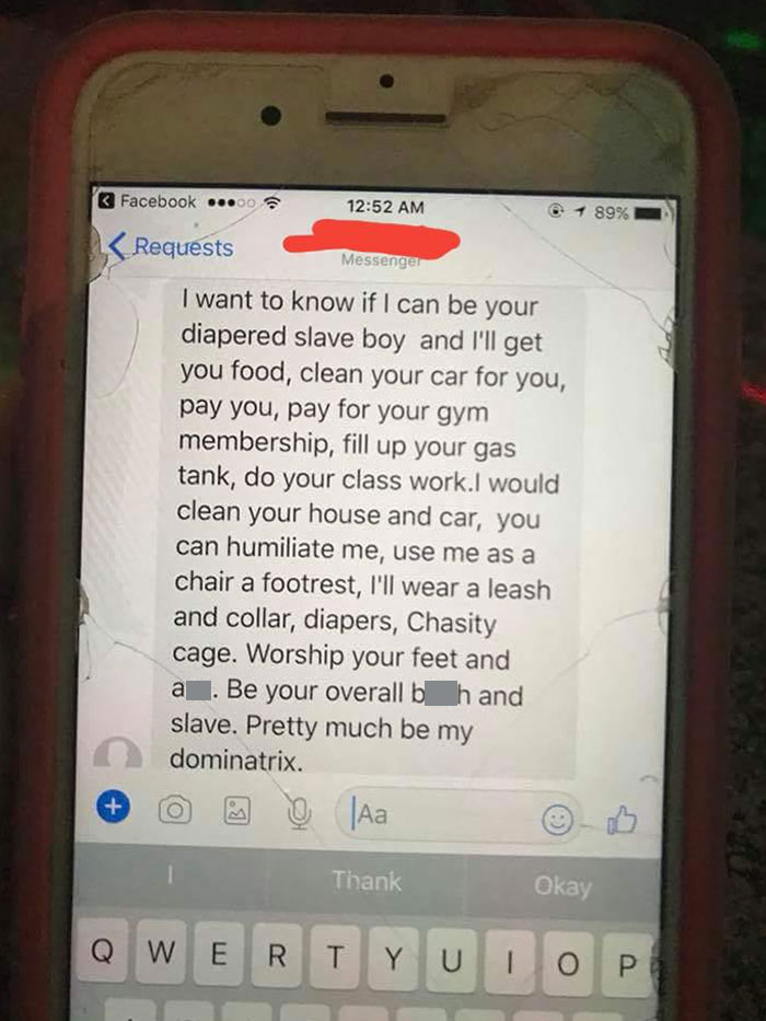 A cracked phone screen displaying a long message related to men approaching women inappropriately.