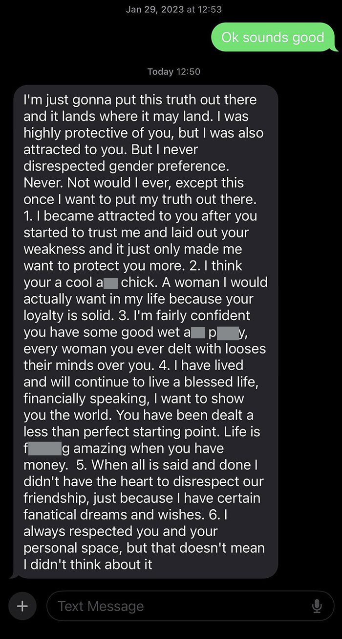 Text message screenshot about approaching women, discussing attraction and respect.