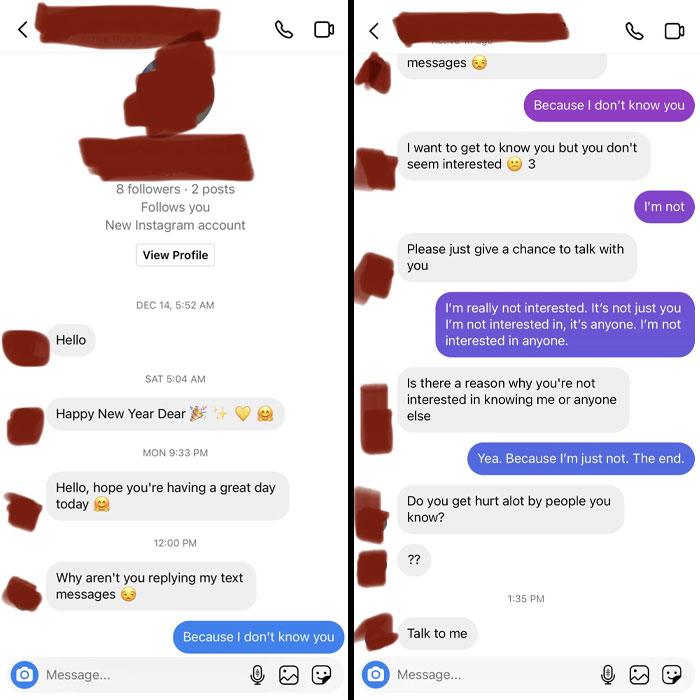 Instagram chat showing infuriating messages of a man persistently approaching a woman.